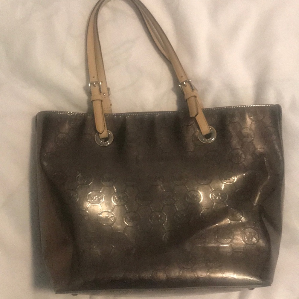 Michael Kors Jet Set Monogram Mirror Metallic Tote